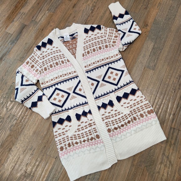 Serra Sweaters - SERRA Pink Blue Tan Cream Tribal Aztec Long Sleeve Cardigan Pockets Size‎ Medium